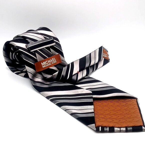 Michael Kors Men's Tie Black Gray White Diagonal Striped 100% Silk Necktie 59"L - Picture 3 of 11